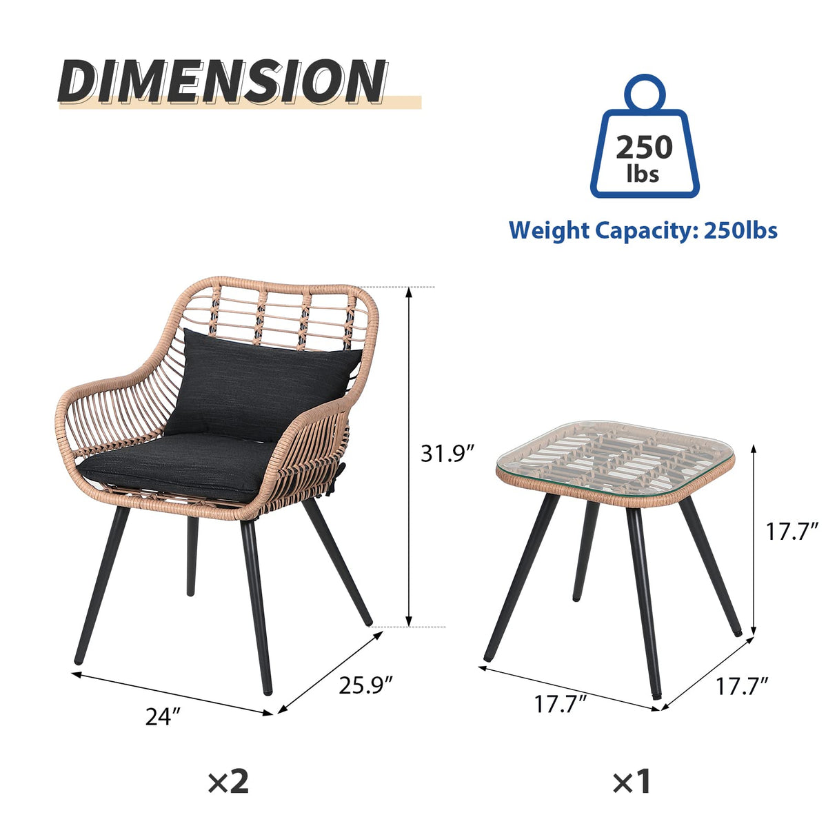 Verano Garden 3 Piece Patio Bistro Set, Outdoor Wicker Conversation Chair Sets Balcony Furniture,Coffee Table with Glass Top, Cushions & Lumbar Pillows for Porch, Backyard, Deck, Poolside Verano Garden
