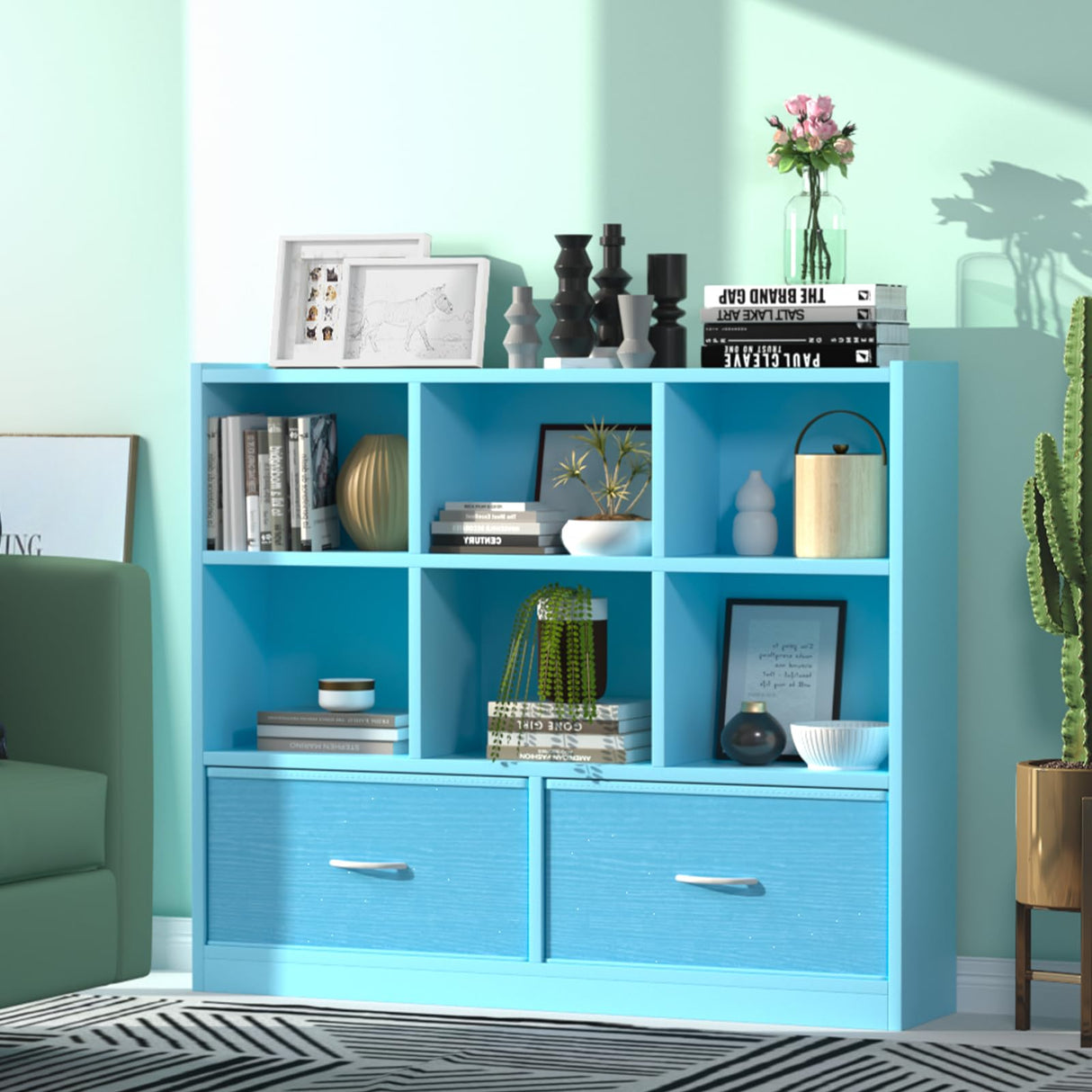 Adompacat Cube Bookshelf Storage Organizer Bookcase,8 Cube Open Mid-Centur Shelf,Freestanding Display Bookshelve, Modern Wide Kids Toy Shelf with Drawers for Bedroom Living Room Office,Blue Adompacat