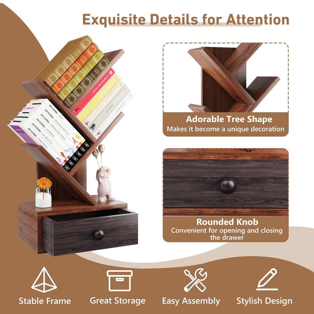 Giantex 5-Tier Tree Bookshelf with Drawer - Freestanding Retro Small Book Storage Rack for Small Place, Kids Room Wooden Decorative Bookcase with Storage for CDs, Magazines, Books, Brown Giantex