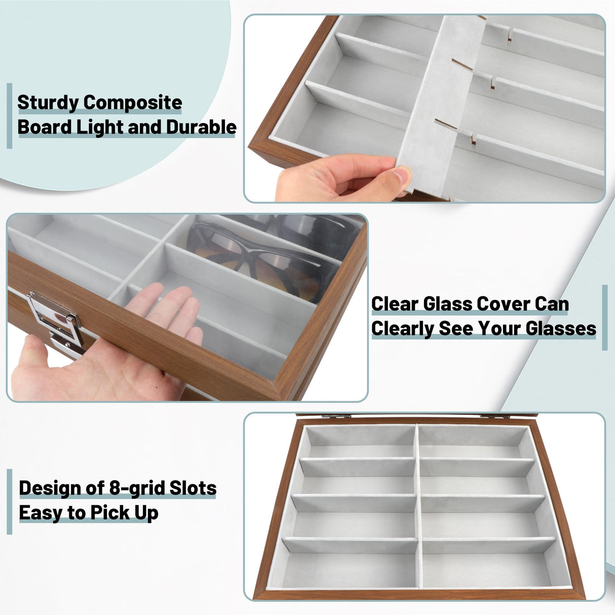 Homeanda Wooden Color 8 Grids Glasses Eyeglasses Case Sun Glasses Holder Eyewear Organizer Sunglasses Box Glasses Case Tray Glasses Display Showcase Organizer Jewelry Tray with Cover Homeanda