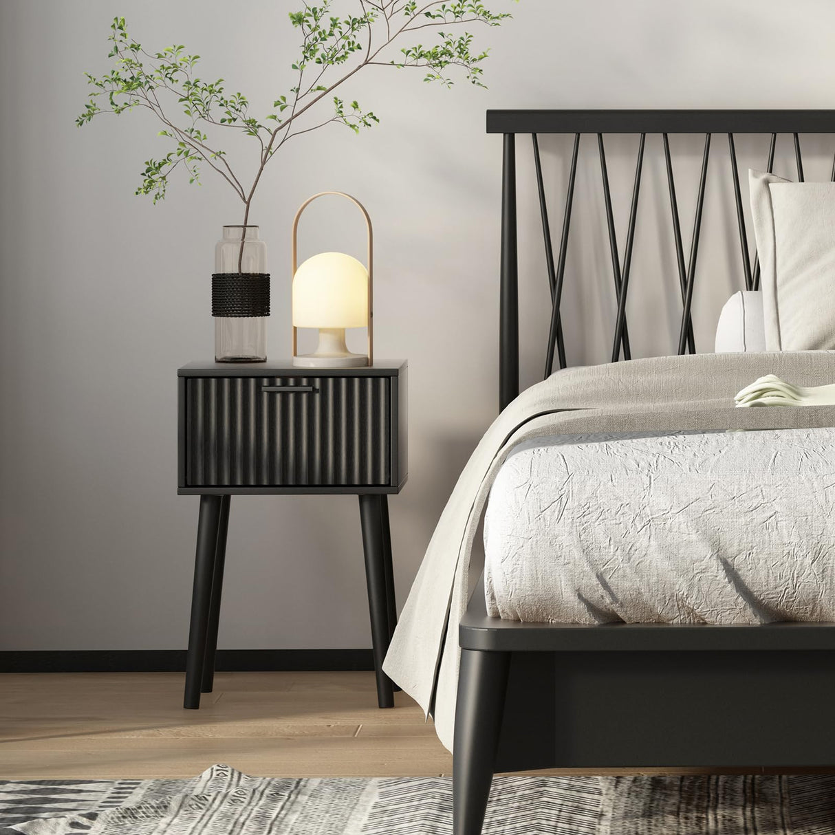 LAATOOREE Nightstands Set of 2, Small Side Table, Bedside Table with Fluted Door, Solid Wood Feet; Modern Mid-Century End Table for Bedroom, Small Space (Black) LAATOOREE