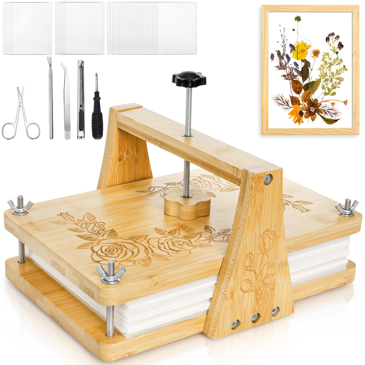 Pumtus Large Flower Press Kit, 6 Layers 11" x 7" Leaf Plant Preservation Kits, Even Pressure DIY Bamboo Floral Pressing Kit, Easy Pressed Arts and Craft Tool for Wedding Flower Preserve, DIY Lovers Pumtus