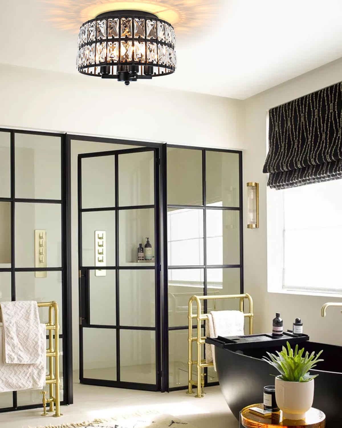 JWLUYN Black Crystal Flush Mount Ceiling Light, 4 Lights Black Dining Room Light Fixtures with E12 Base, Modern Close to Ceiling Light Fixture for Bathroom, Hallway, Kitchen, Bedroom, Entryway JWLUYN