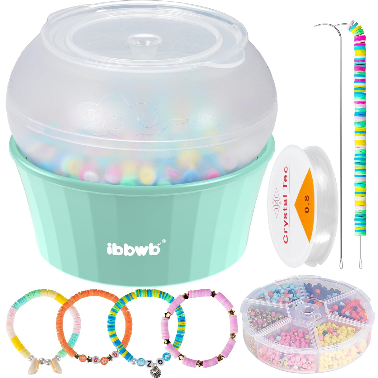 IBBWB Electric Clay Bead Spinner, Bead Spinner Kit with 2000+pcs Beads, Clay Bead Spinner for Jewelry, Clay Beads Bracelet, Waist Beads, Rice Beads, Making of Handicraft Gifts (Light Green) IBBWB