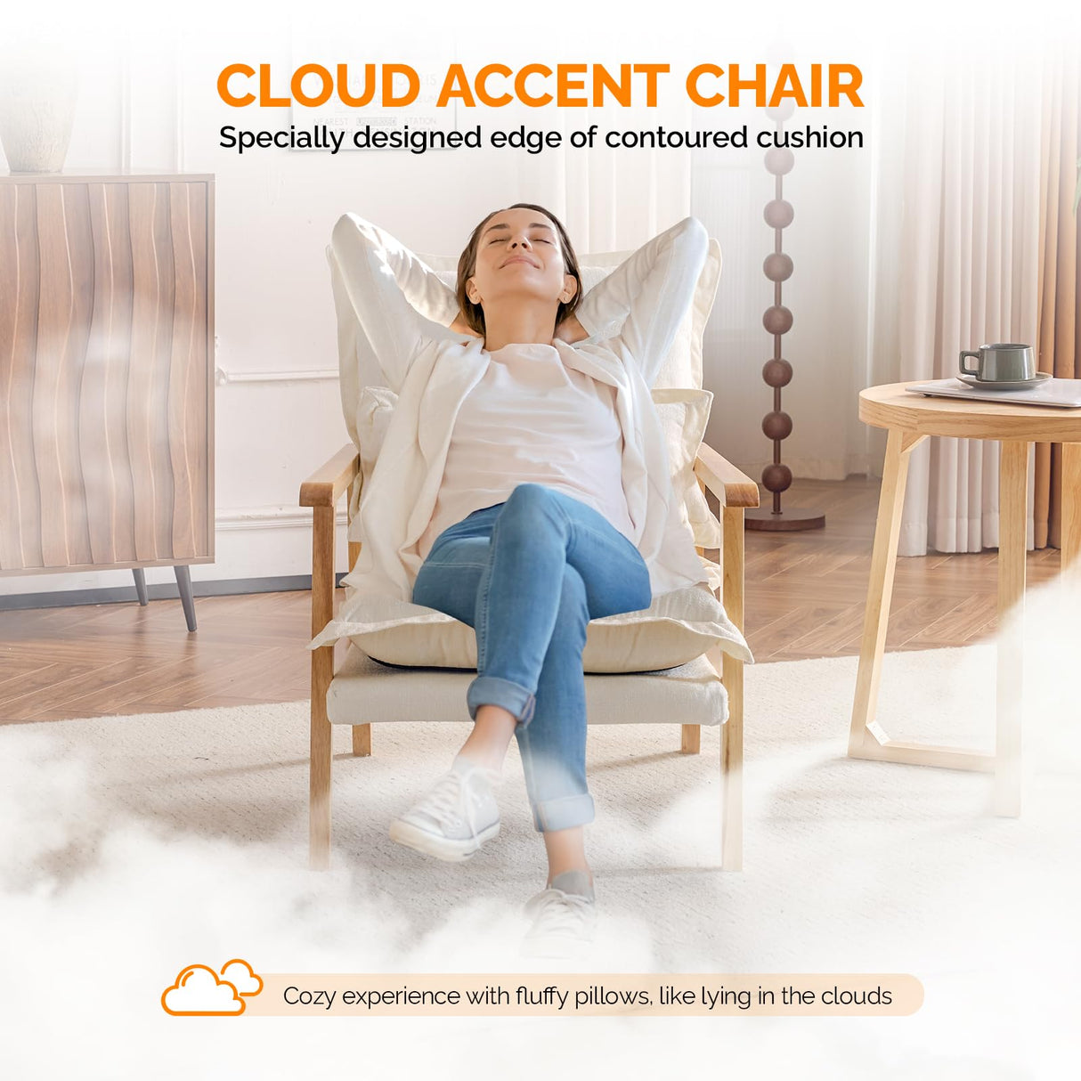 VINGLI Mid-Century Modern Cloud Accent Armchair with Lumbar Pillow, 6.3'' Thick Seat Cushion Comfortable Lounge Chair with Wooden Armrests for Bedroom, Living Room, Reading Room, Beige VINGLI