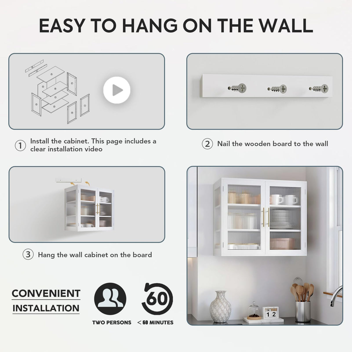 NEWOWNDS Wall-Mounted Bathroom Cabinet with Glass Door & Adjustable Shelves, Floating Storage for Kitchen & Laundry, White NEWOWNDS