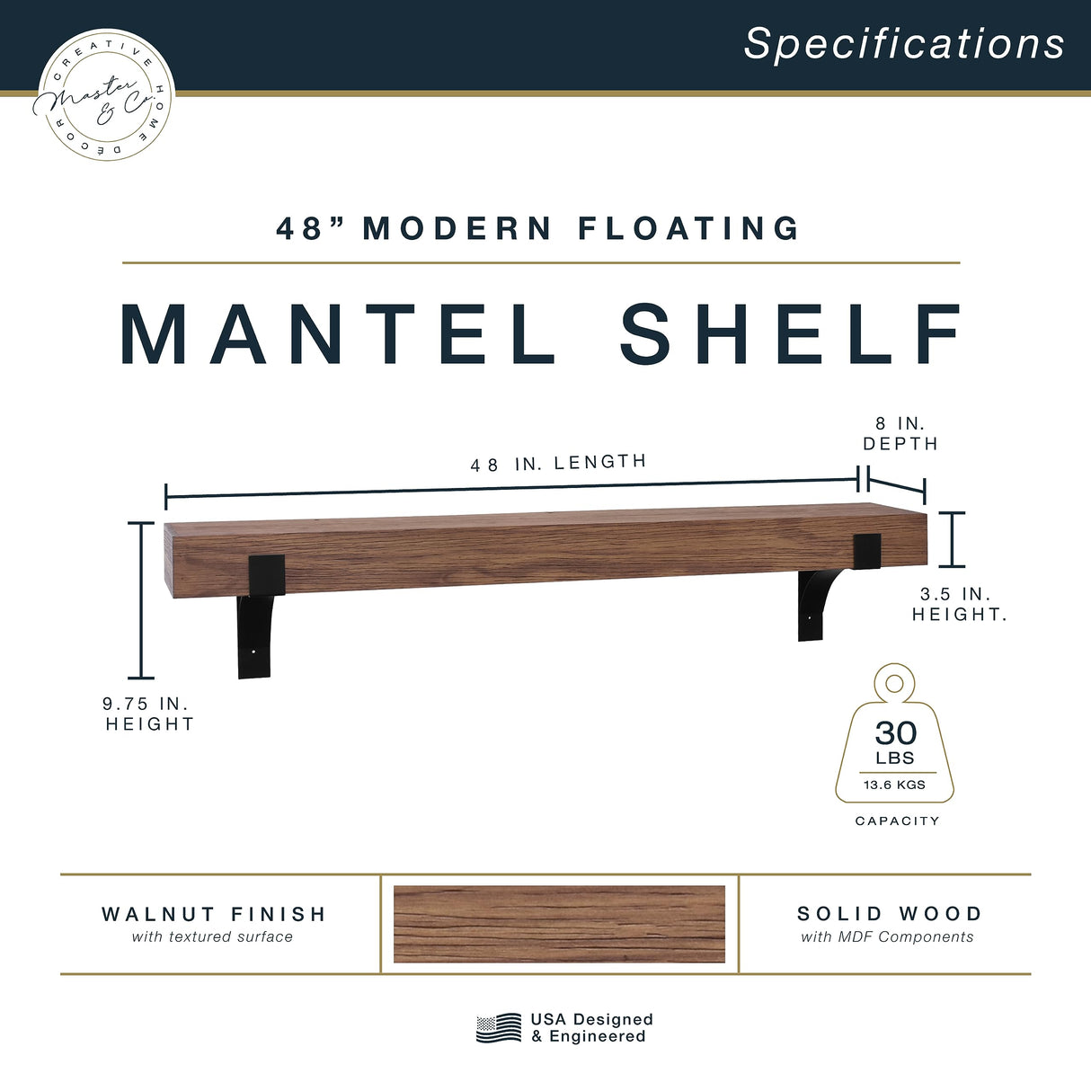 Master & Co. Modern Floating Fireplace Mantel with Black Metal Brackets, Long Floating Shelves for Wall Décor, 48 inches, Walnut Woodgrain MCS