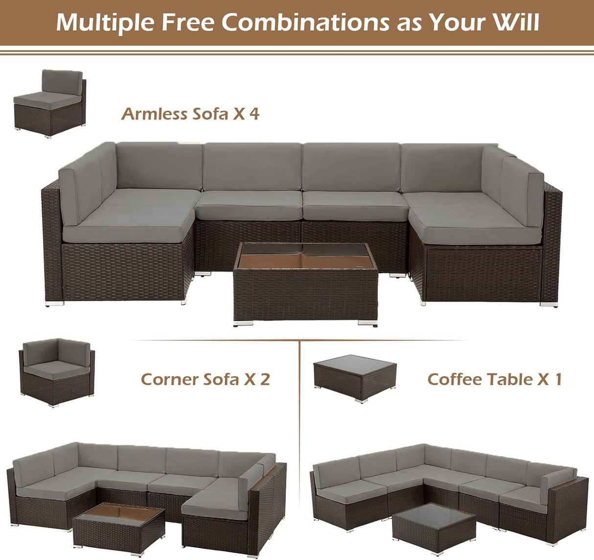 U-MAX 7 Piece Outdoor Patio Furniture Set, PE Rattan Outdoor Brown Wicker Furniture, Outdoor Sectional Furniture Chair Set with Cushions and Tea Table, Brown Rattan and Dark Grey Cushion U-MAX