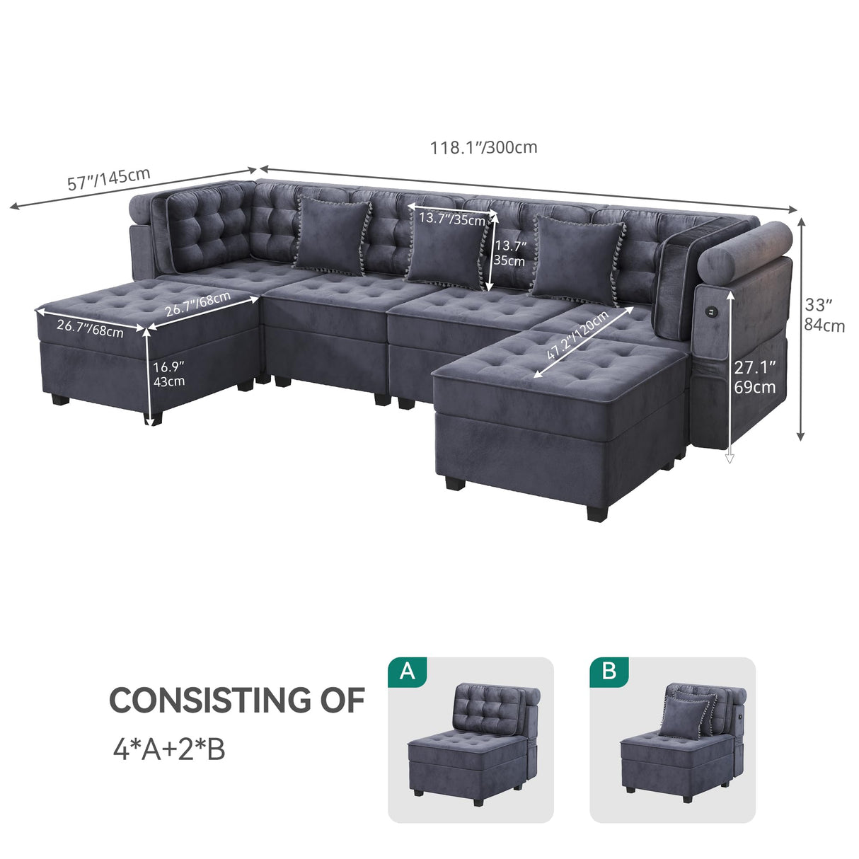 YITAHOME Modular Sectional Sofa, Versatile U-Shaped Couch with Ample Storage, Memory Foam, 6-Seat Convertible Sofa with Adjustable Armrests & USB Port, Fit for Living Room, Blue-gray2 YITAHOME