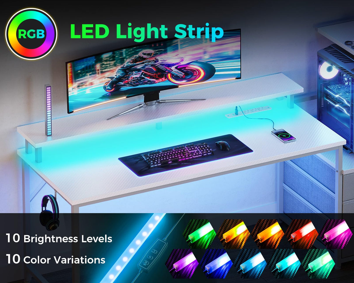 Casaottima 59 Inch Gaming Desk with USB Charging Ports & LED Light - Reversible Computer Desk with 3 Fabric Drawers, Monitor Stand, CPU Stand, and Side Hook, Modern Office Desk, White Casaottima