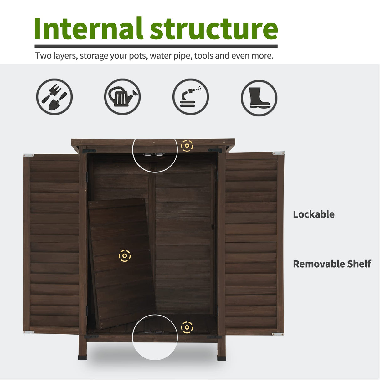 MCombo Outdoor Wood Storage Cabinet, Small Size Garden Wooden Tool Shed with Double Doors, Outside Tools Cabinet for Backyard (24.6”x 18.3”x38.2”) 0985 (Brown) MCombo