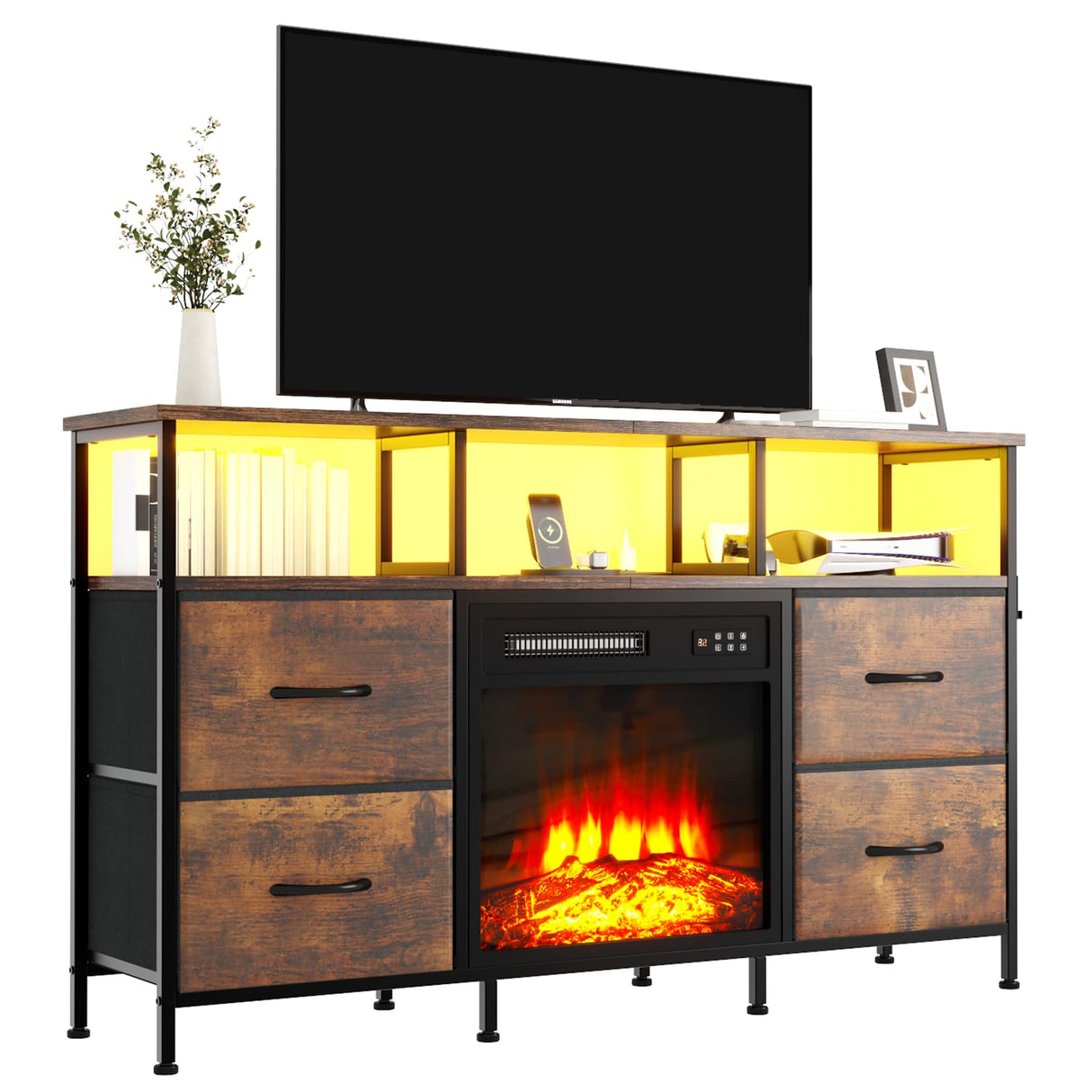 Fireplace TV Stand with 4 Fabric Drawers, TV Stand Dresser with Power Outlets and LED Lights, Fireplace Entertainment Center with Open Shelf for 43,50 Inch TV, for Living Room, Bedroom, Rustic Brown PUKAMI