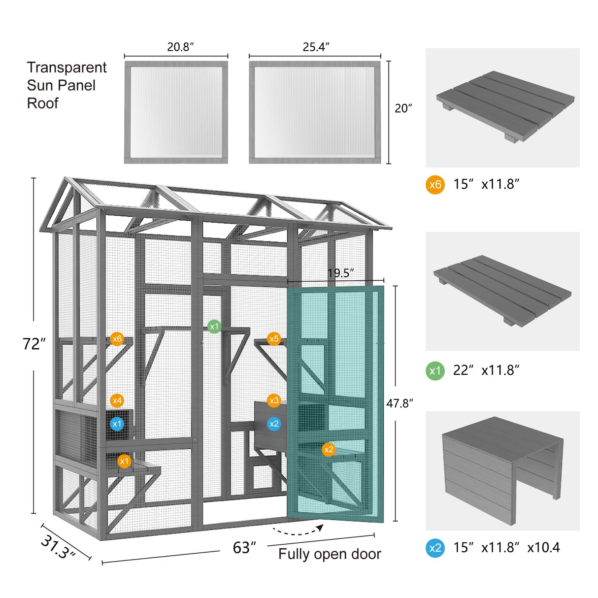 TIMHAKA 72 Inch Cat Catio, Large Catio Outdoor Cat Enclosure with Sunshine Panel Roof and Waterproof Cover, Walk-in Wooden Cat House for Patio with 7 Platforms & 2 Resting Box, Grey Feral Kitten Cage TIMHAKA