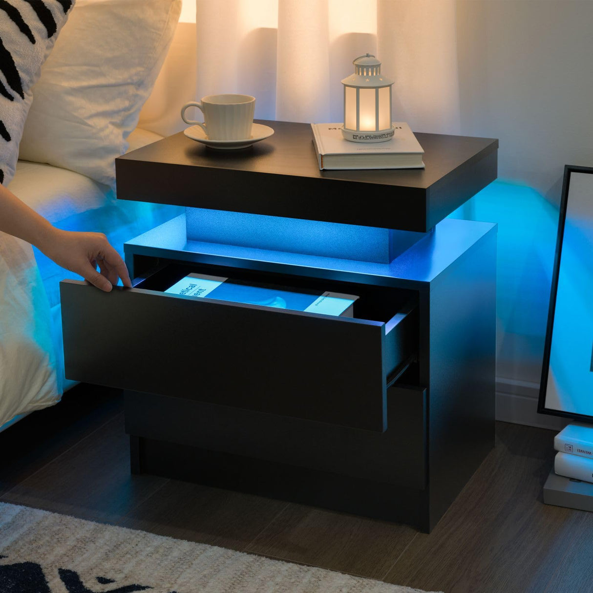 Cubehom Black Nightstand LED Set of 2 Black Bedside Table LED Night Stand with LED Lights Modern End Side Table with 2 Drawers for Bedroom Cubehom