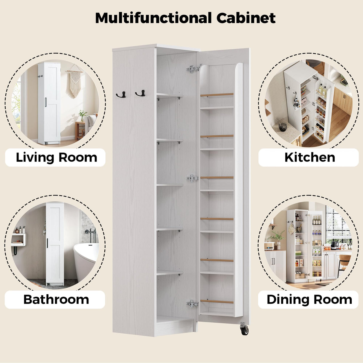 IRONCK Narrow Kitchen Pantry Storage Cabinet, 72" Slim Single Door with 6 Adjustable Shelves, Door Rack and Wheels, Space Saving Freestanding Storage Floor Cabinet for Small Place, White IRONCK