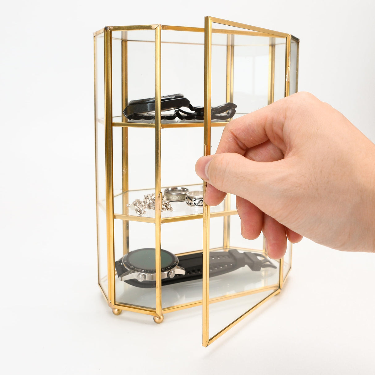 BuleVina Glass Jewelry Display Case 6.7x4x8.4 inches Small Cabinet, 3-Tier Geometric Box Keepsake Trinket for Rings, Earrings, Crystals, Makeup Organizer, Multifunction Table Decoration Storage BuleVina