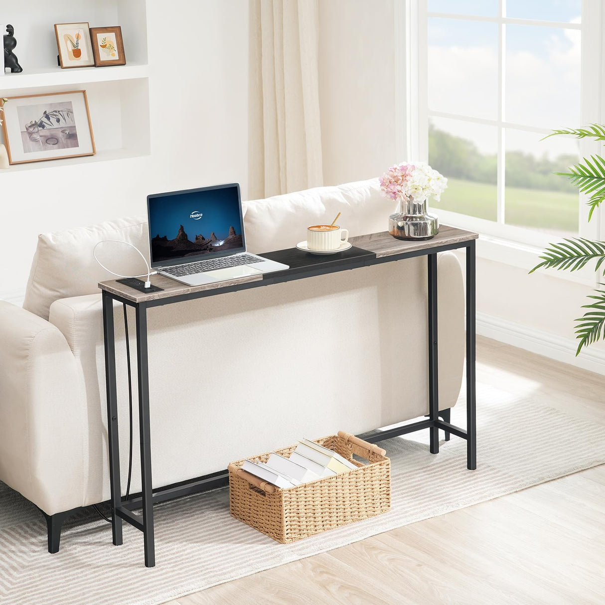 HOOBRO Narrow Console Table with Power Outlets, 44.9-Inch Sofa Table, Slim Behind Couch Table, Entryway Display Shelf, for Living Room, Foyer, Hallway, Greige and Black BG114UXG01 HOOBRO