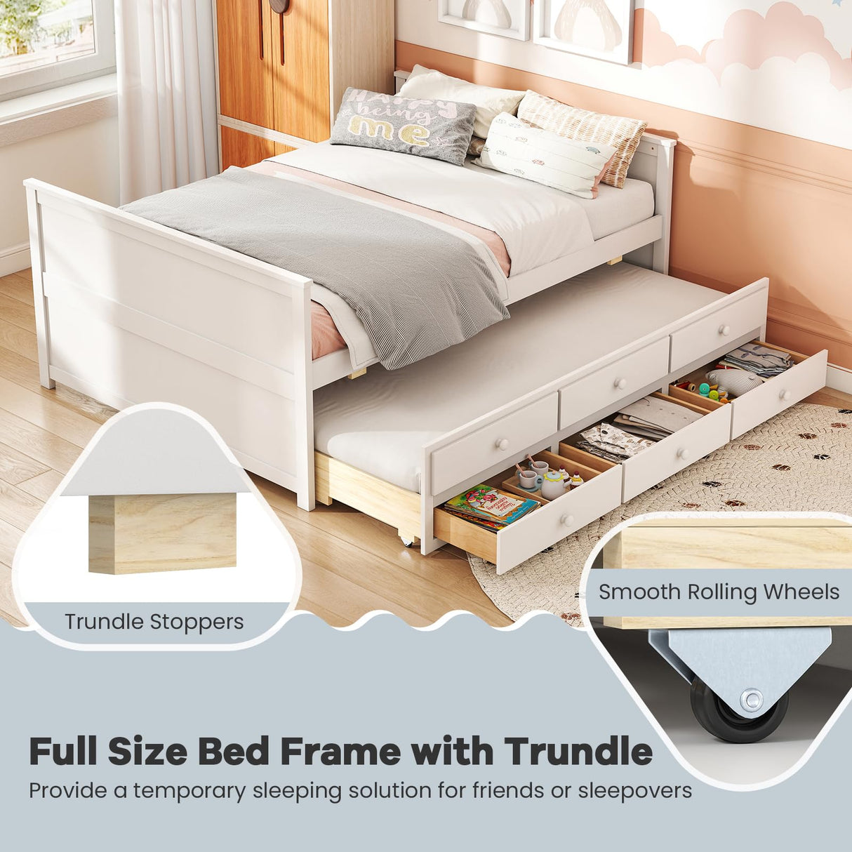 Giantex Full Size Bed Frame with Twin Trundle & 3 Storage Drawers, Modern Platform Bed with Headboard & Footboard, Wooden Slats Support Captain Bed for Teens Adults, No Box Spring Needed, White Giantex