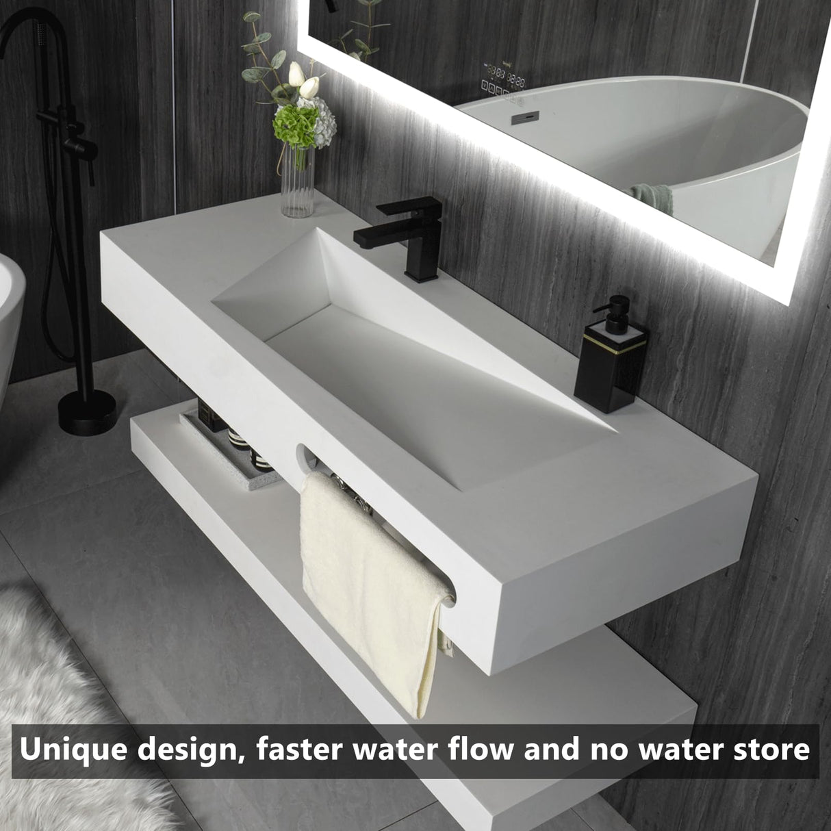 Gesipor 48"x19" Wall-Mount Stone Resin Bathroom Sink Rectangular Vessel Sinks for Bathroom Floating Vanity Sink Trough Modern Art Basin with Shelf Layer GESIPOR