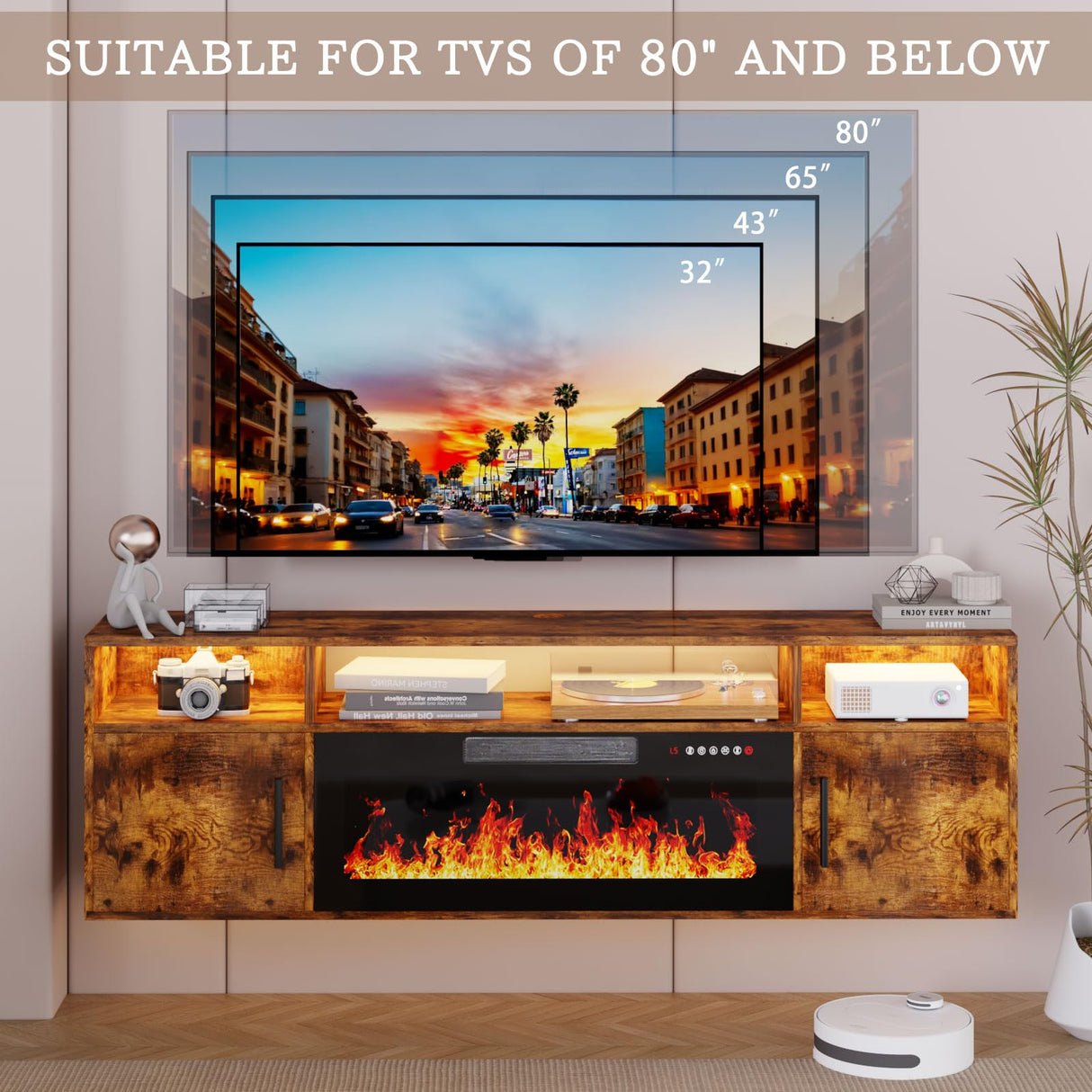 PRETZI Floating Fireplace TV Stand, 70" Wall Mounted Entertainment Center with 36" Fireplace for TVs Up to 80", LED Modern Wood TV Console with High Gloss Cabinet for Living Room (Brown) PRETZI