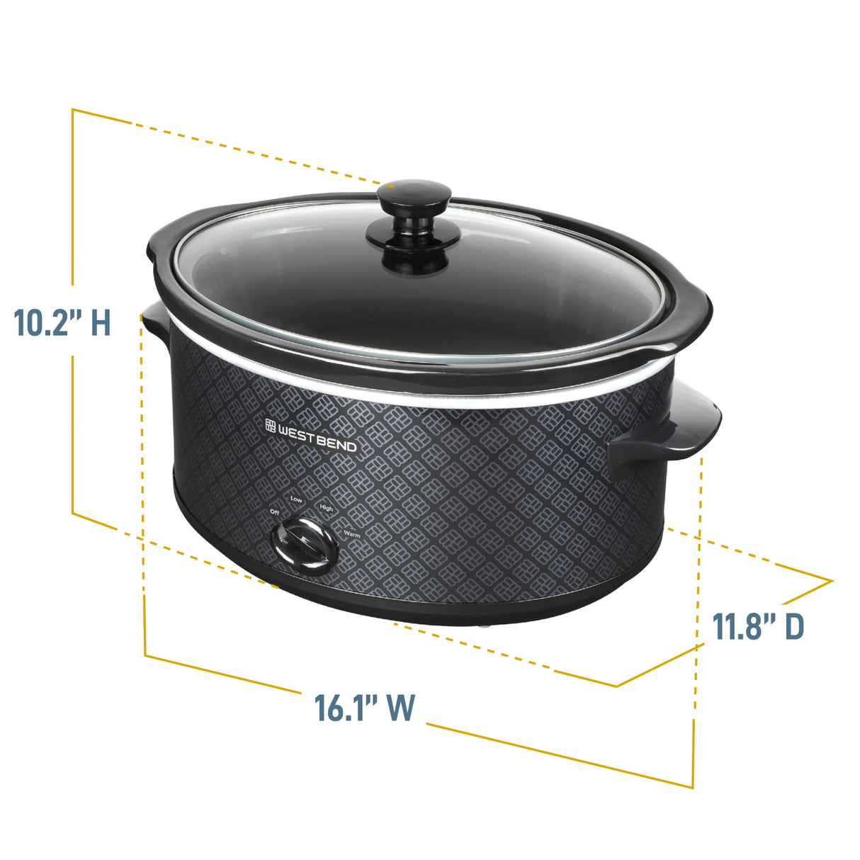 West Bend Slow Cooker 6-Quart Manual Crockery Style with Dishwasher Safe Oval Ceramic Crockpot and Glass Lid Two Temperature Settings Plus Keep Warm, 330-Watts, Black West Bend