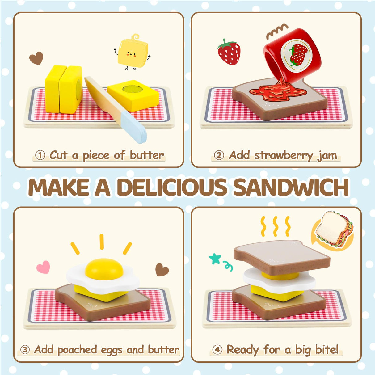 Airlab Wooden Pop-up Toaster Toy Play Kitchen Accessories Play Food Bread, Butter, Poached Egg Cutting Pretend Toys for 3 4 5 Year Old Toddlers Boys Girls Airlab