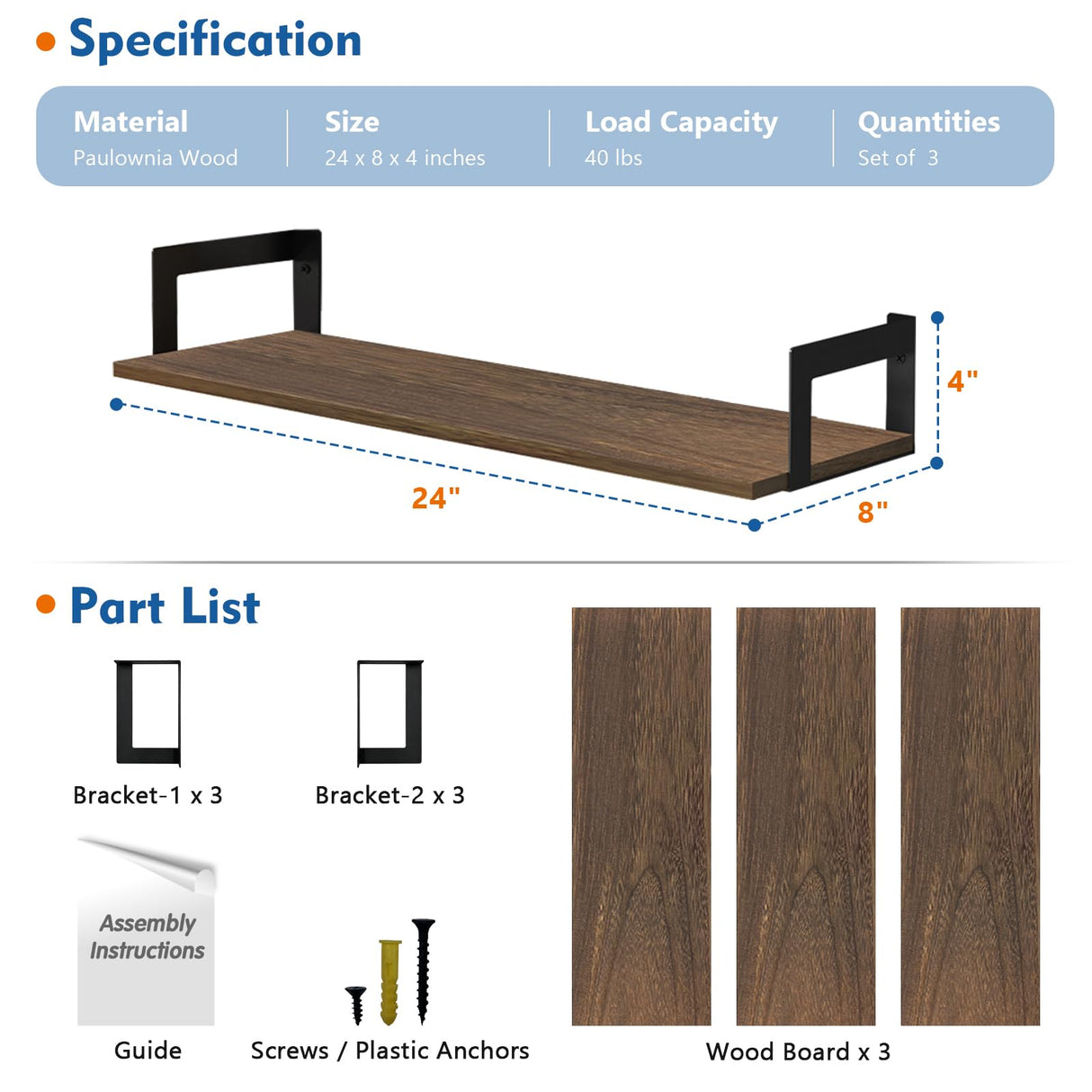 Harwaya Floating Book Shelves for Wall 3-Pack, 24 Inch Long Wall Mount Bookshelf for Bedroom, Rustic Farmhouse Wood Hanging Bookshelves for Living Room Office Books Plants (Dark Brown) Harwaya