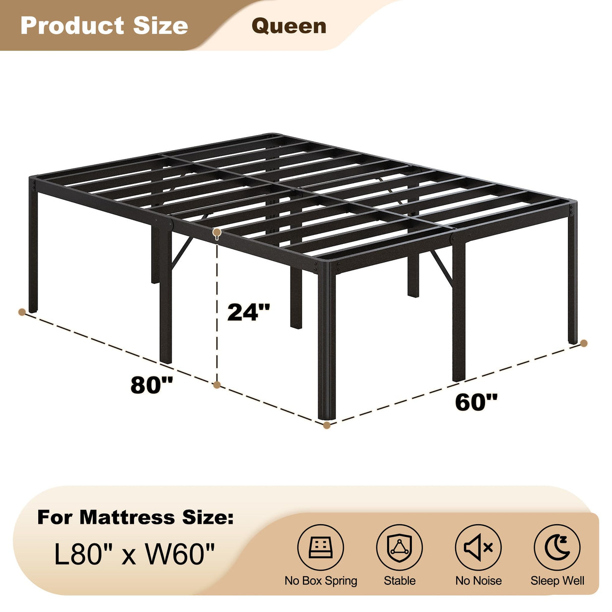 Likelalaso 24 Inch High Queen Bed Frame with Rounded Corner, Heavy Duty Metal Bed Frame Queen Size Under-Bed Storage Space, No Box Spring Needed, Noise Free, Easy Assembly, Black Likelalaso