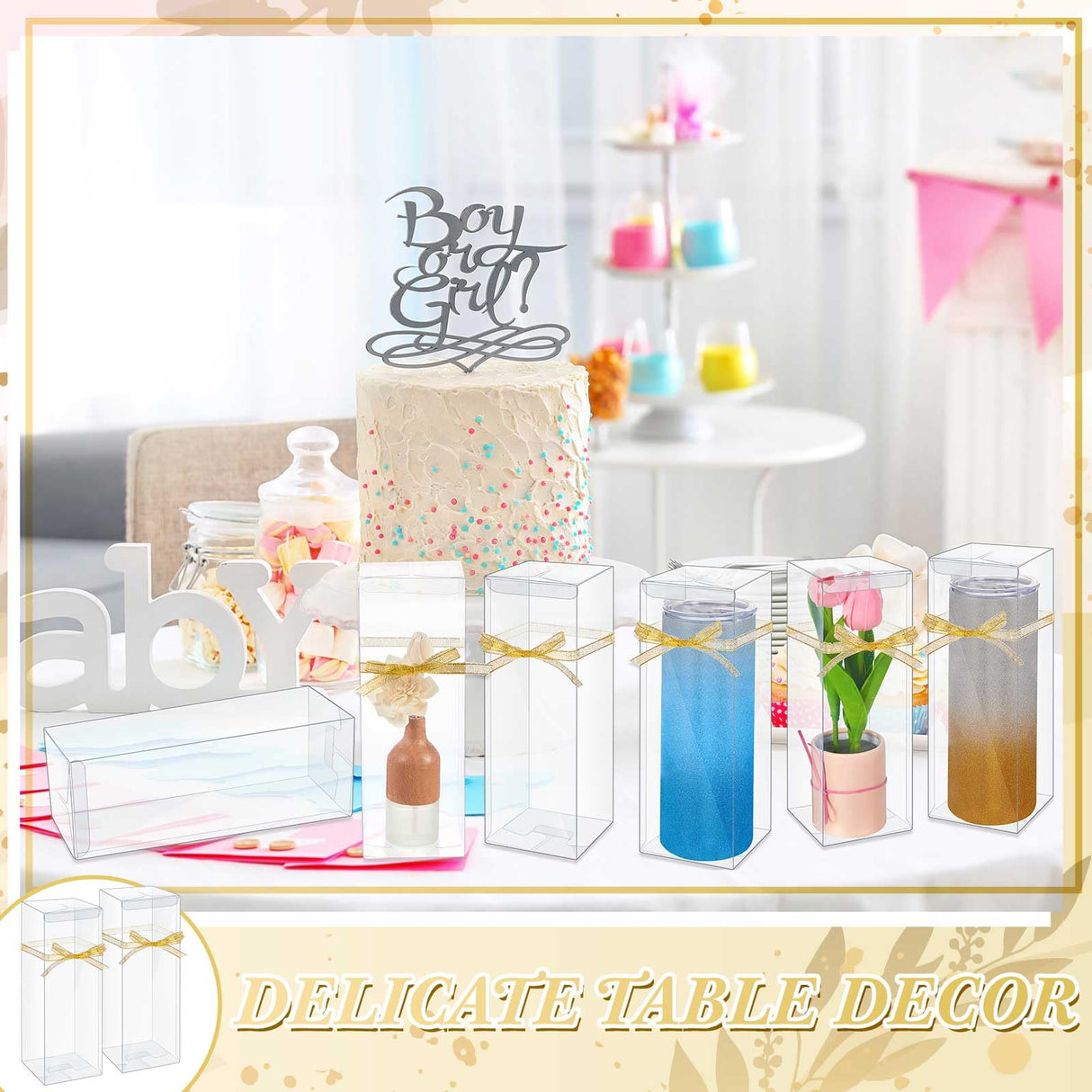 Beeveer 50 Pcs Mug Gift Boxes Clear Tumblers Packaging Box with Ribbon for Sublimation Tumblers Compatible with Stanley 11oz 12oz 15oz 20oz 30oz 40oz(3.3 x 3.3 x 9.8 Inch) Beeveer