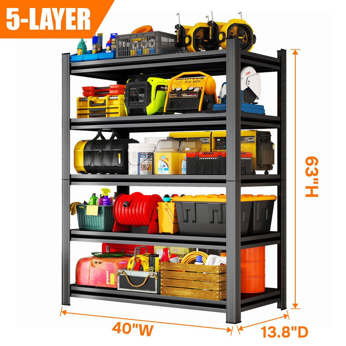 40"Wx63"H Metal Garage Shelving Unit,Metal Storage Shelves 5 Tier Adjustable Shelving Unit Garage Shelves for Kitchen Warehouse Pantry Basement,Rust-Resistant, 63"H x 40"W x 13.8"D,Black Metallitrend
