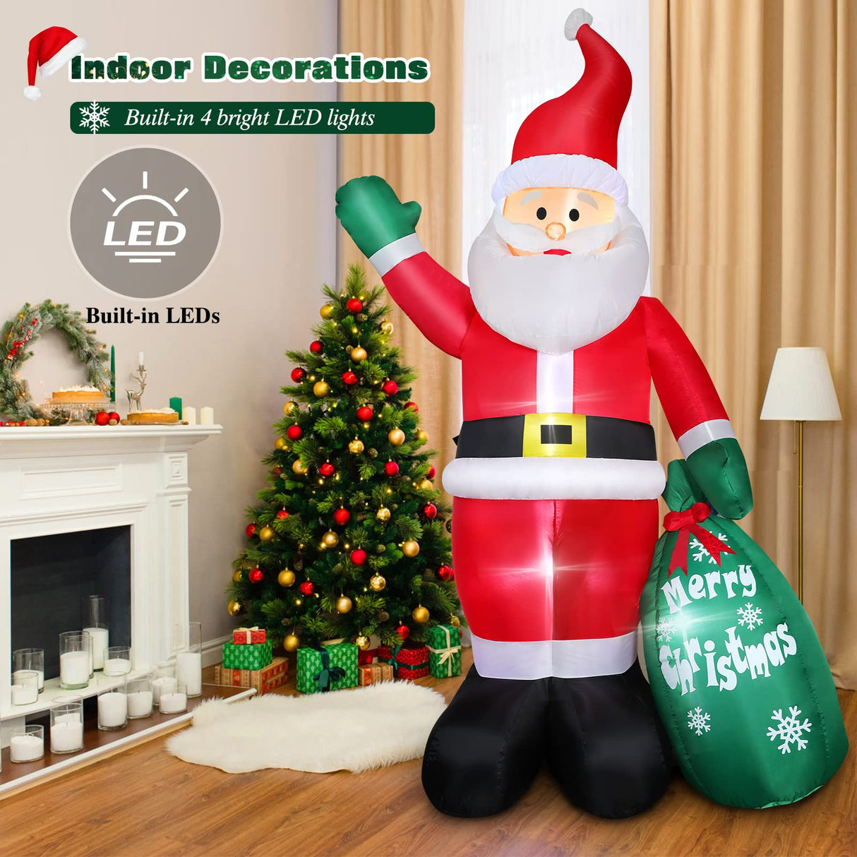 8 FT Christmas Inflatable Santa Claus Outdoor Decoration for Yard, Blow up Santa Decor with Big Gift Bag, Built-in LED Lights for Garden Patio Lawn Home Indoor Winter Holiday Party, IP44 Weatherproof FunFanso