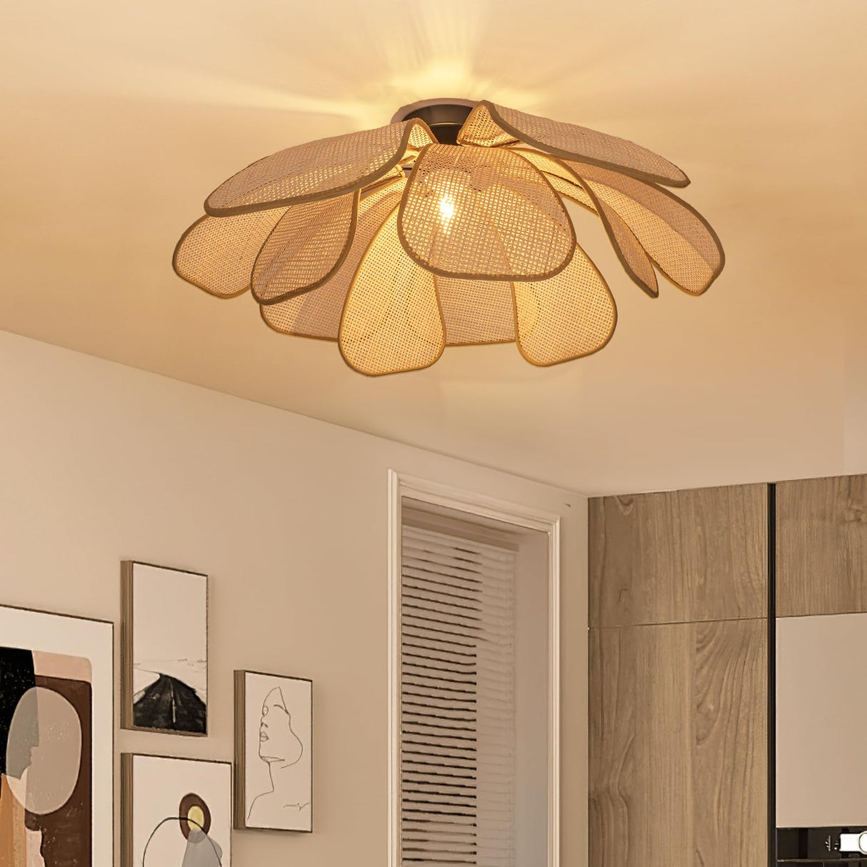 GloMuse Rattan Ceiling Light Rustic Chandelier Boho Pendant Light Wicker Light Fixture Hand-Woven Rattan Hanging Lamp Boho Lamp for Hallway Entryway Kitchen Island Dining Room Bedroom GloMuse