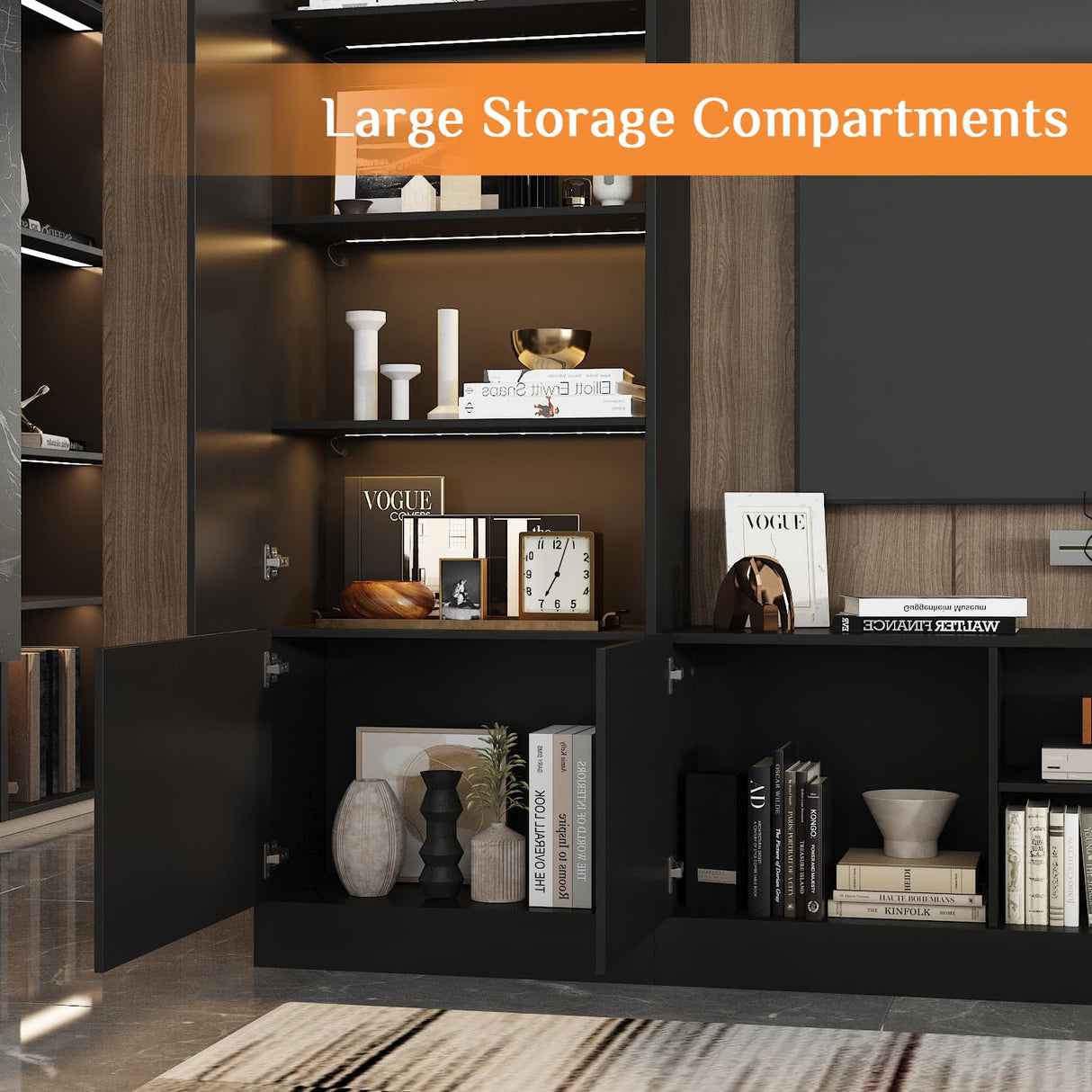 WOODTIME 114" Large Wall Unit Entertainment Center with Bookshelves, Lights and 18 Shelves, Modern 4-Piece TV Stand Media Console Table with Bridge Cabinet for Living Room & Home Theater, Black WOODTIME