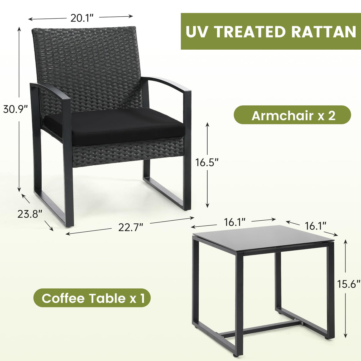 Murago 3 Piece Wicker Patio Bistro Set, Rattan Conversation Set with Coffee Table, for Balcony, Porch, Garden, Yard, Poolside, Black Frame with Black Cushion Murago