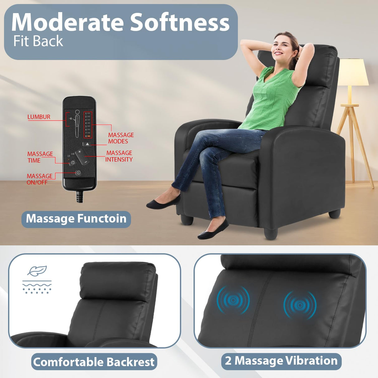 Ruesleag Massage Reclining for Adults Massage Recliner Chair for Living Room Recliner Sofa Winback Single Sofa Home Theater Seating w/Footrest Backrest Breathable Padded Reclining Easy Lounge,Black Ruesleag