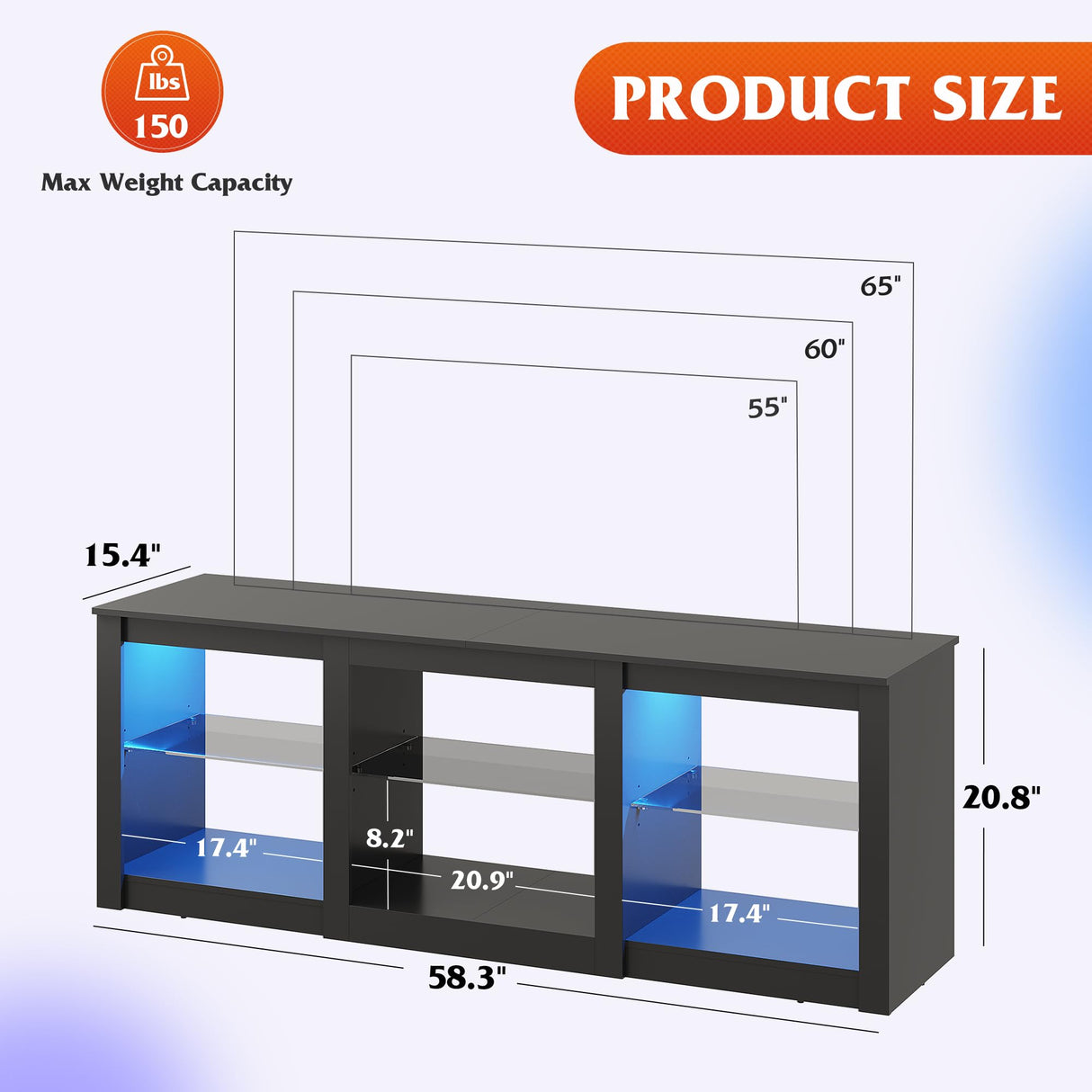 WLIVE LED TV Stand for 65 Inch TV, Modern Entertainment Center with Adjustable Glass Shelves & Customizable LED Lights, Sturdy Media Console for Living Room, Bedroom,Gaming (Black) WLIVE