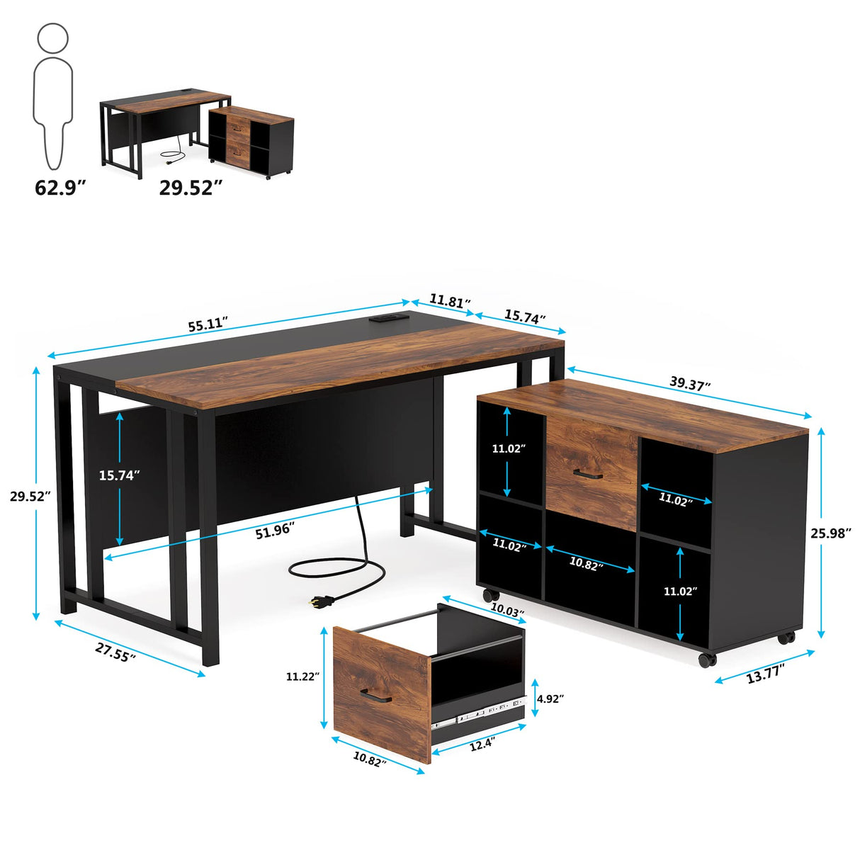 Tribesigns L-Shaped Computer Desk with Power Outlet and Drawer Cabinet, 55 inch Large Executive Office Desk Business Furniture with 40 inch Lateral File Cabinet Printer Stand for Home Office,Brown TRIBESIGNS WAY TO ORIGIN