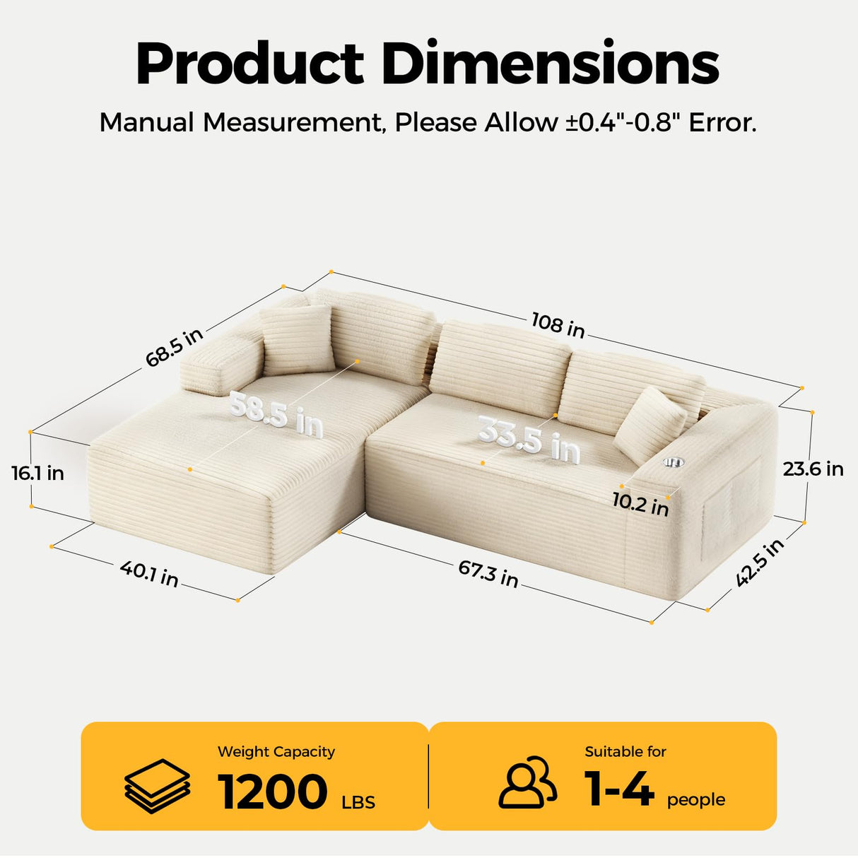 CAMMOO 108” Cloud Sectional Couch in One Box, Compressed Modern Modular Sectional Sofa with Deep Seat, Corduroy Boneless Couches with Chaise, L-Shaped Sofa for Living Room, 4 Storage Pockets(Beige) CAMMOO