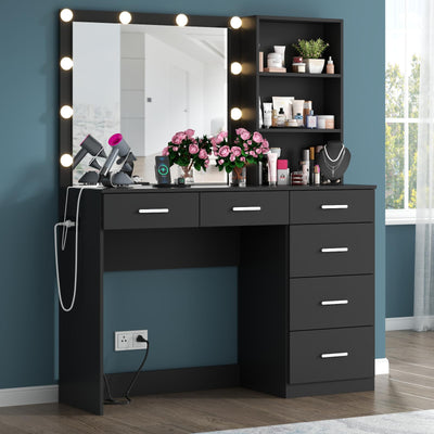 Gyfimoie 39 Inches Black Vanity Desk with Lights, 6-Drawers Makeup Vanity Table with Power Strip and Storage Shelves, Dressing Table with Lighted Mirror for Women Girls (Black)