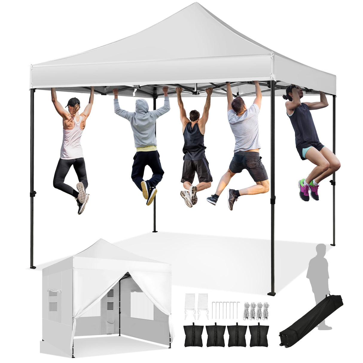 DWVO 10x10 Pop Up Heavy Duty Canopy Tent with 4 Removable Sidewall, 4 Ropes, 8 Stakes, 2 Blank Banners, 4 Sandbags & 1 Carry Bag with Wheel, Garden Gazebo Tent, Party, Exhibition, Commerce, White DWVO