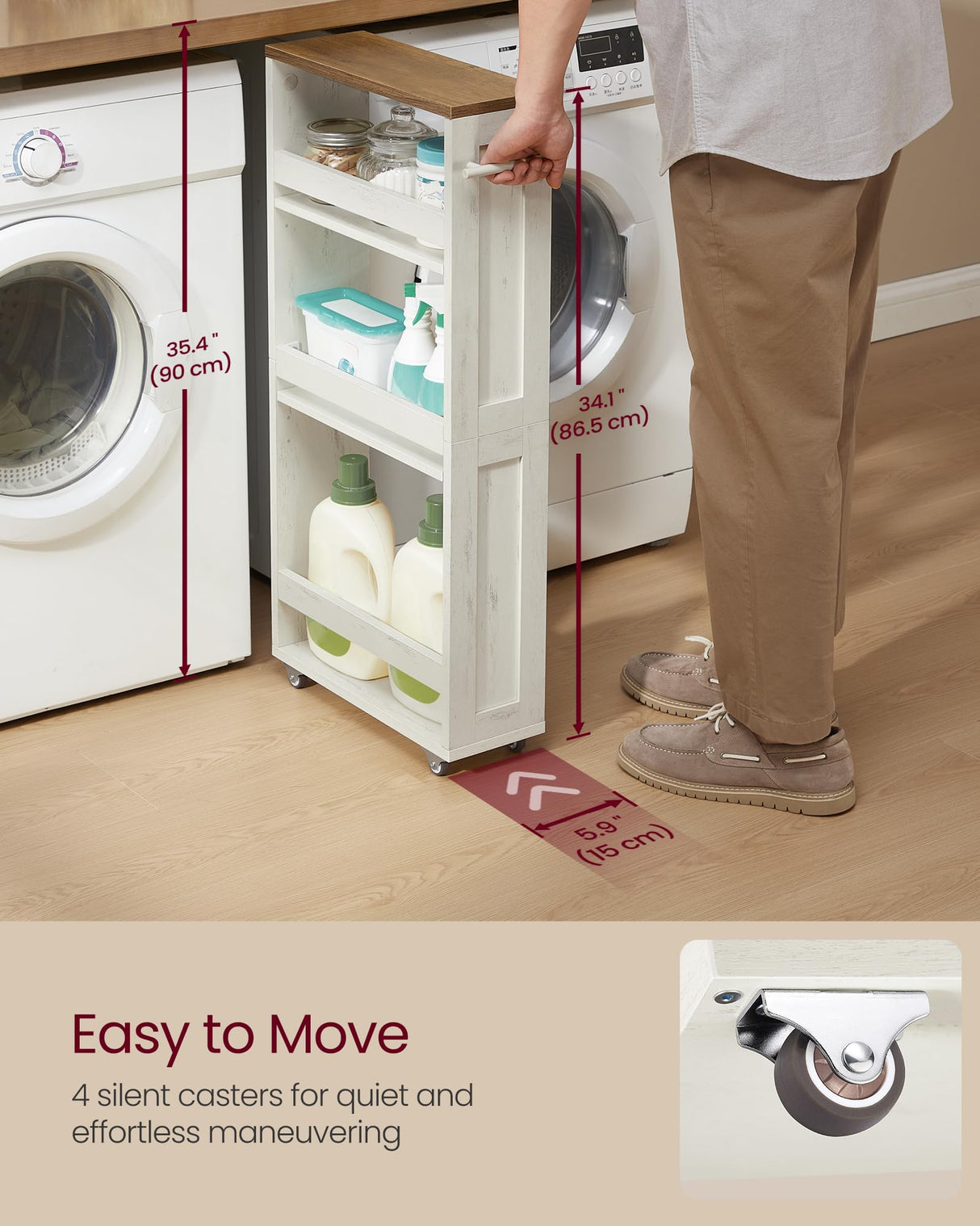 VASAGLE 4-Tier Slide-Out Storage Cart, Slim Kitchen Cart for Small Spaces, with Wheels, Handle, Bathroom, Laundry Room, 5.9 x 17 x 34.1 Inches, Rustic White and Honey Brown ULRC050K01 VASAGLE