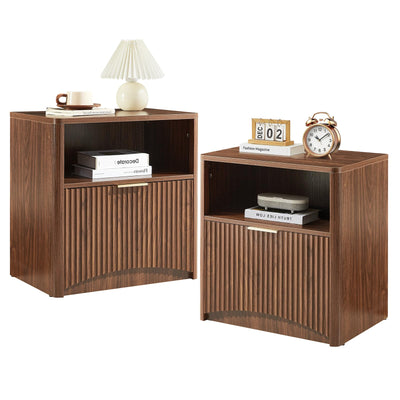 Evermagin Fluted Nightstand Set of 2, Walnut Bedside Table with Drawer and Storage, Wood Night Stand Mid Century Modern, Large End Table for Bedroom