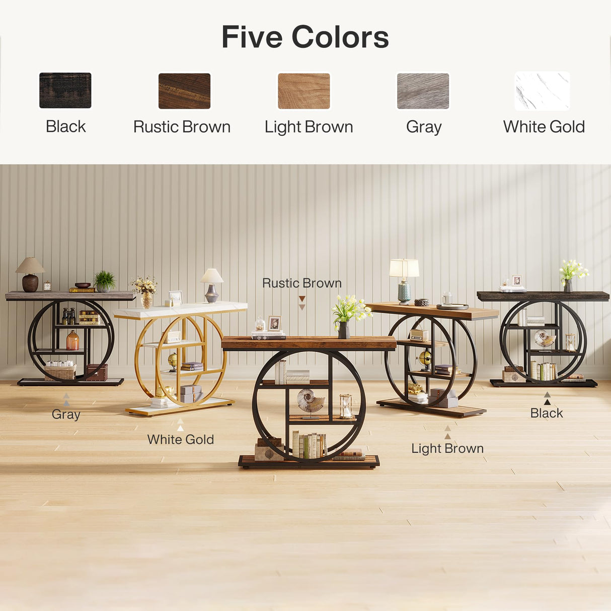 Tribesigns 41.3" Console Table, Industrial 4-Tier Sofa Table Entryway Table with Circle Base, Narrow Wood Accent Tables with Storage Shelves for Living Room, Hallway, Foyer, Black Tribesigns