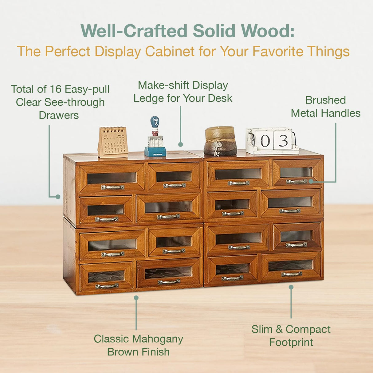 Set of 4 Store and Display Wooden Desktop Organizing Cabinets - Mahogany Wood Display Chest with 4 See-through Drawers Each - 16-Drawer Storage for Work Table, Vanity, Dresser or Kitchen Counter Woodaholic