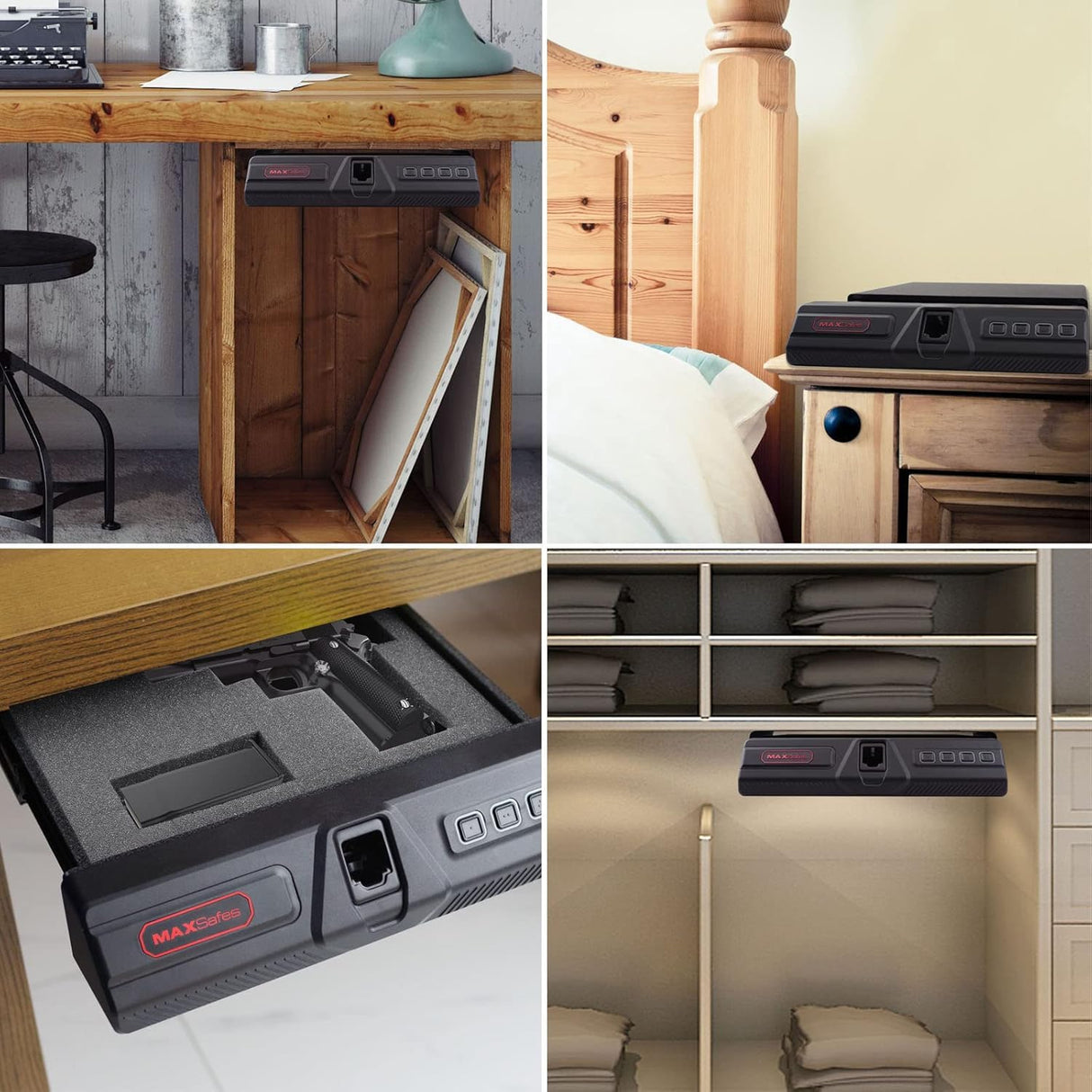 MAXSafes Slide-away handgun safe with Biometric Finger Vein Lock, Quick-Access, Under Desk Drawer Gun Safe for Home and Vehicle, 2 Pistols Safe Box, CA DOJ Approved (Store 50) MAXSafes