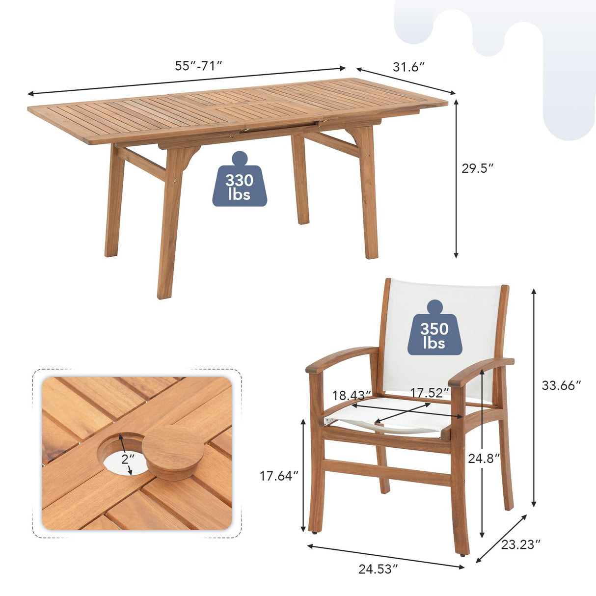 OC Orange-Casual Patio Furniture Set, Acacia Wood Patio Dining Set for 6-8, Outdoor Expandable Table and Chairs Set with Umbrella Hole and Breathable Textilene Fabric for Garden (White, 5 Pieces) OC Orange-Casual