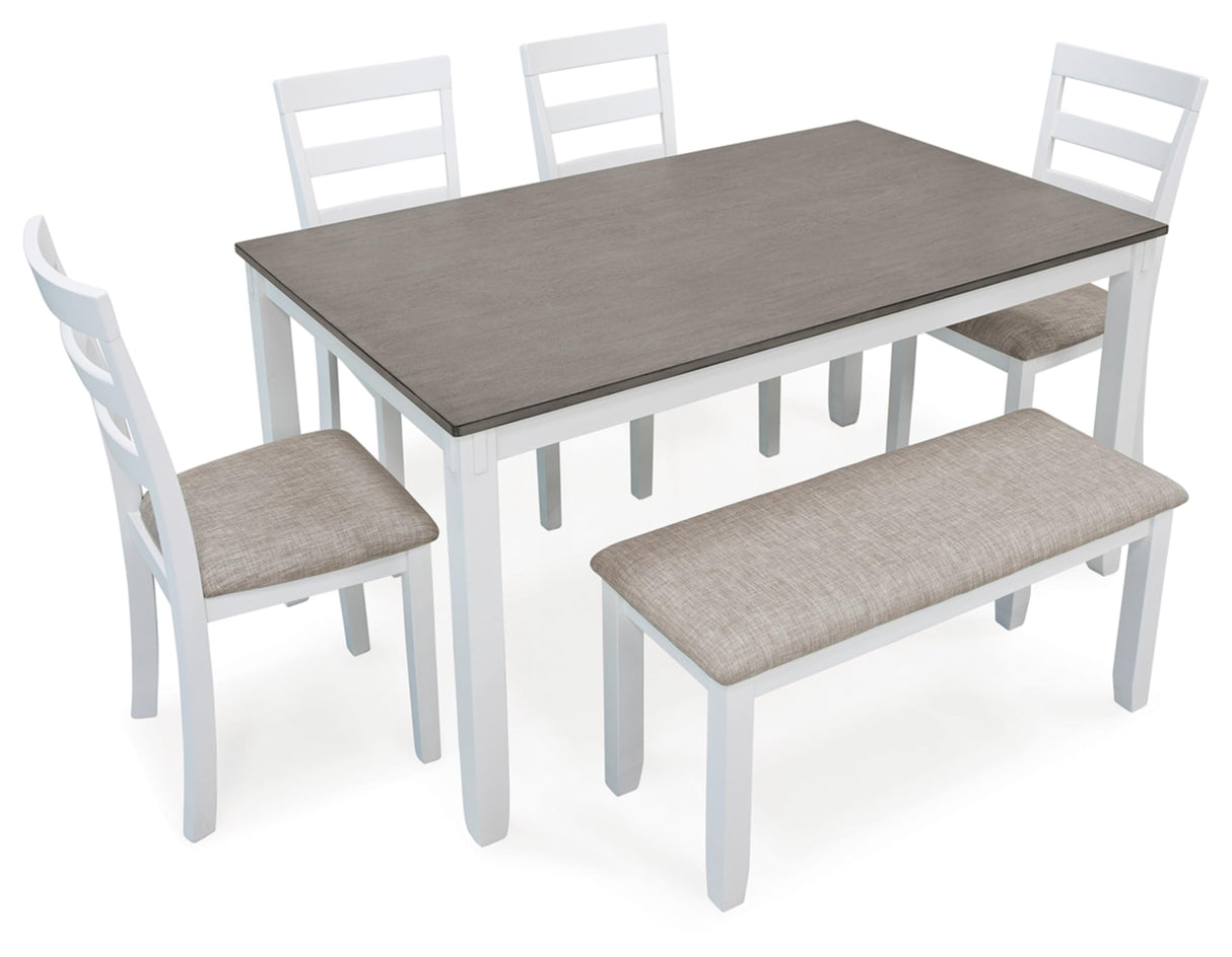 Signature Design by Ashley Stonehollow Modern Farmhouse Dining Table with Upholstered Chairs and Bench, Set of 6, 60"W x 36"D x 30"H, White & Gray Signature Design by Ashley