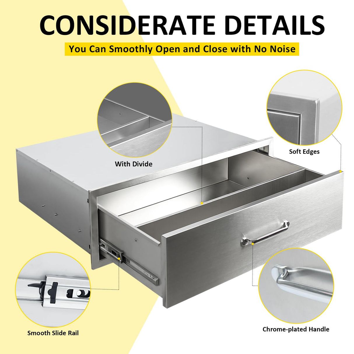 SGOLAN Outdoor Kitchen Drawers 30" W x 10" H x 23" D Flush Mount BBQ Single Drawers with Divider,Built-in Stainless Steel Drawer with Chrome Handle for Outdoor Kitchen Island Patio Grill Station SGOLAN
