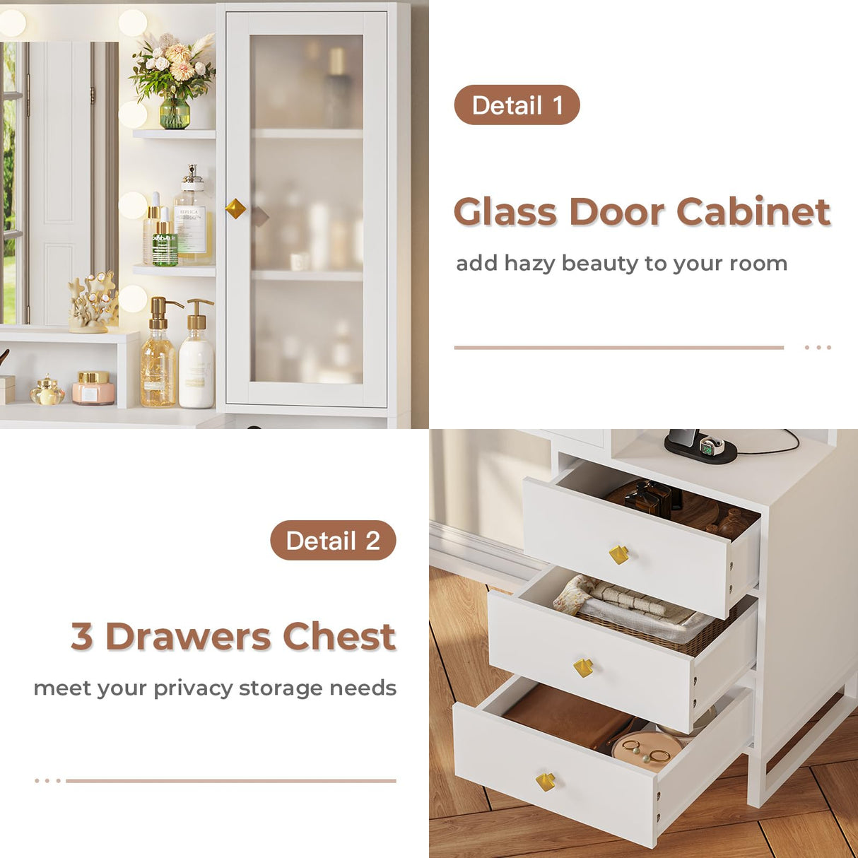 Tiptiper Makeup Vanity Desk with Mirror and Lights & Charging Station, White Vanity Table with 5 Storage Drawer & Glass Door & 3 Shelves for Bedroom, Modern White Tiptiper