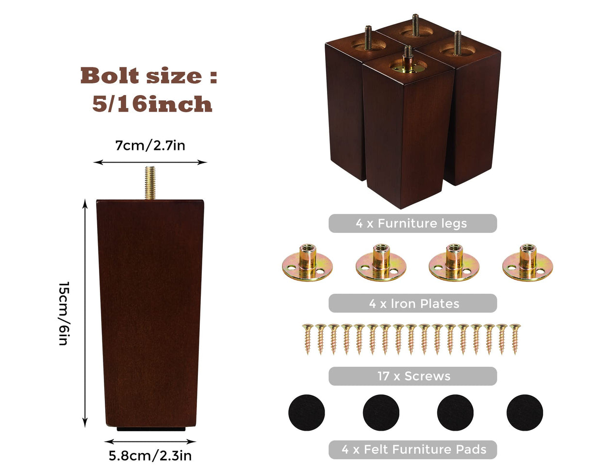Couch Legs for Furniture Set of 4, Pyramid Square Wooden Furniture Legs 6 Inch, Mid Century Modern Brown Color Sofa Legs Replacement for Ottoman, Chair, Dresser, Coffee Table, Armchair, Settee OneDream